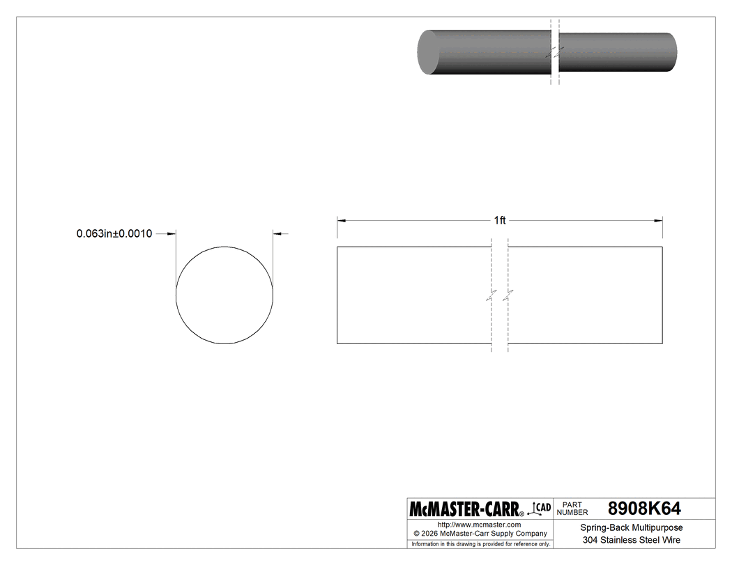 Technical Drawing of Spring-Back Multipurpose 304 Stainless Steel Wire, 1 Foot Long, Matte, 0.063" Diameter.